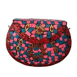 Pink and Blue Mosaic Clutch with Floral Design